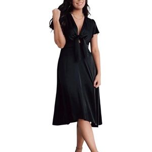 NWT Baltic Born POPPY Black satin midi dress tie front wedding guest cocktail